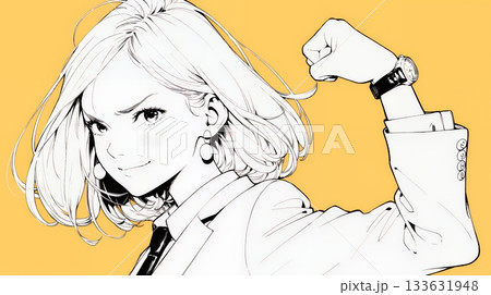 ガッツポーズ（拳を握って力強く）をしているビジネスウーマン（シンプルな色使い）