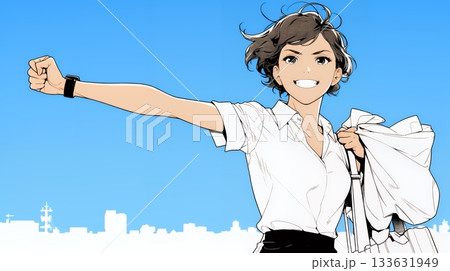 ガッツポーズ（拳を握って力強く）をしているビジネスウーマン（シンプルな色使い）