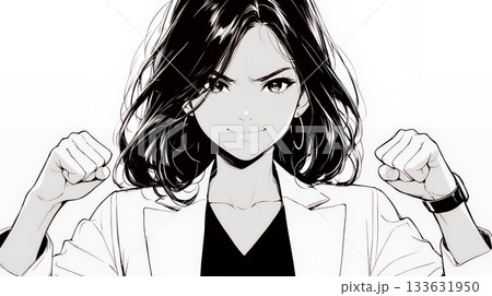 ガッツポーズ（拳を握って力強く）をしているビジネスウーマン（シンプルな色使い）