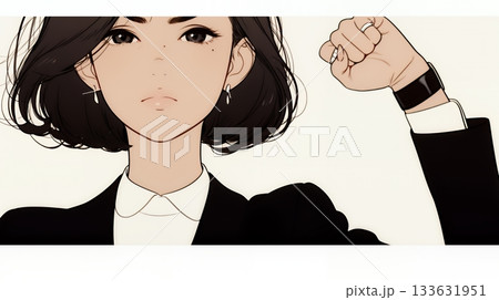 ガッツポーズ（拳を握って力強く）をしているビジネスウーマン（シンプルな色使い）