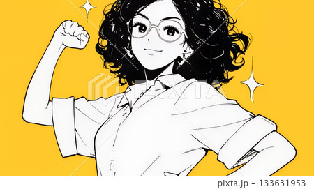 ガッツポーズ（拳を握って力強く）をしているビジネスウーマン（シンプルな色使い）