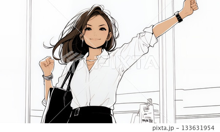 ガッツポーズ（拳を握って力強く）をしているビジネスウーマン（シンプルな色使い）