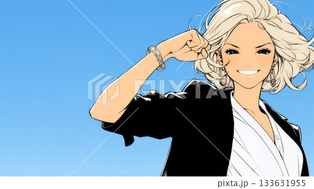 ガッツポーズ（拳を握って力強く）をしているビジネスウーマン（シンプルな色使い）