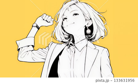 ガッツポーズ（拳を握って力強く）をしているビジネスウーマン（シンプルな色使い）