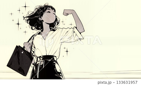 ガッツポーズ（拳を握って力強く）をしているビジネスウーマン（シンプルな色使い）