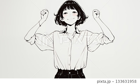 ガッツポーズ（拳を握って力強く）をしているビジネスウーマン（シンプルな色使い）