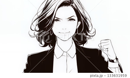 ガッツポーズ（拳を握って力強く）をしているビジネスウーマン（シンプルな色使い）