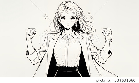 ガッツポーズ（拳を握って力強く）をしているビジネスウーマン（シンプルな色使い）