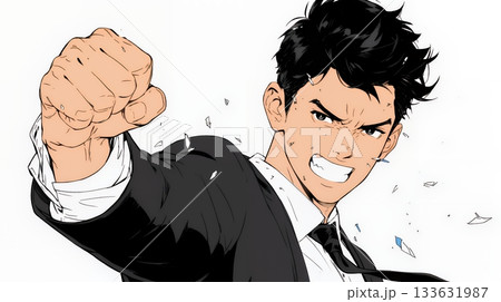 ガッツポーズ（拳を握って力強く）をしているビジネスマン（シンプルな色使い）