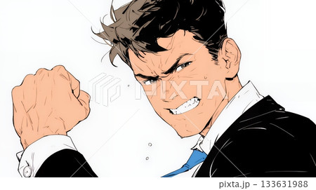 ガッツポーズ（拳を握って力強く）をしているビジネスマン（シンプルな色使い）