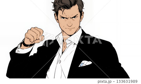 ガッツポーズ（拳を握って力強く）をしているビジネスマン（シンプルな色使い）