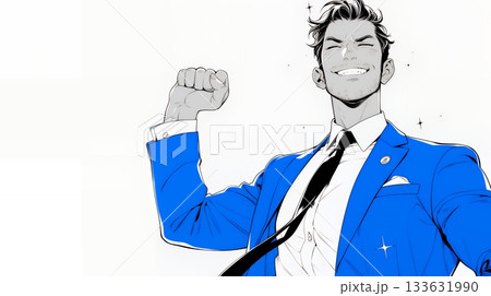 ガッツポーズ（拳を握って力強く）をしているビジネスマン（シンプルな色使い）