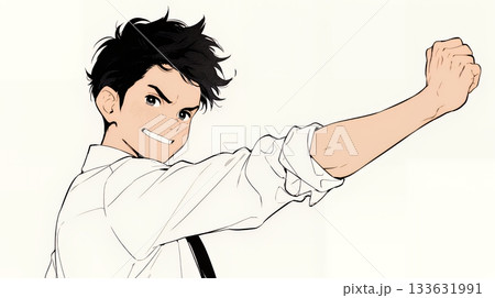 ガッツポーズ（拳を握って力強く）をしているビジネスマン（シンプルな色使い）
