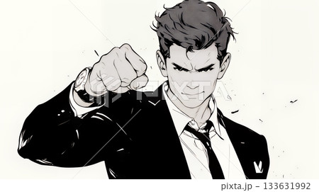 ガッツポーズ（拳を握って力強く）をしているビジネスマン（シンプルな色使い）