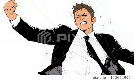 ガッツポーズ（拳を握って力強く）をしているビジネスマン（シンプルな色使い）