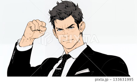 ガッツポーズ（拳を握って力強く）をしているビジネスマン（シンプルな色使い）