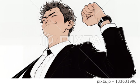 ガッツポーズ（拳を握って力強く）をしているビジネスマン（シンプルな色使い）