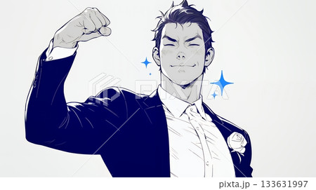 ガッツポーズ（拳を握って力強く）をしているビジネスマン（シンプルな色使い）
