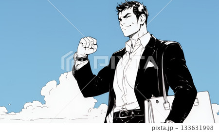 ガッツポーズ（拳を握って力強く）をしているビジネスマン（シンプルな色使い）