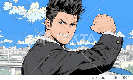 ガッツポーズ（拳を握って力強く）をしているビジネスマン