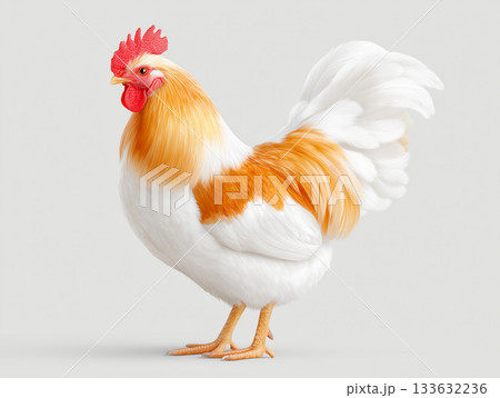 鮮明な羽毛ディテールで表現した雄鶏の側面シルエット 鮮明な羽毛ディテールで表現した雄鶏の側面シルエット 133632236