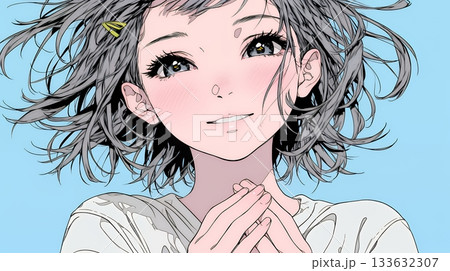 にっこり笑って手を合わせて「お願い」と甘える若い女性