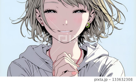 にっこり笑って手を合わせて「お願い」と甘える若い女性