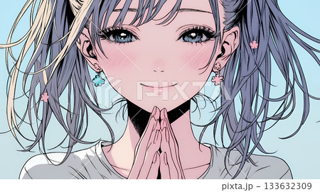 にっこり笑って手を合わせて「お願い」と甘える若い女性