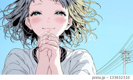 にっこり笑って手を合わせて「お願い」と甘える若い女性