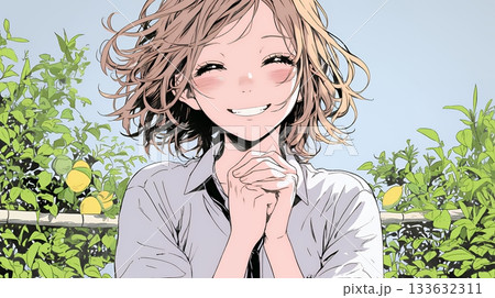 にっこり笑って手を合わせて「お願い」と甘える若い女性