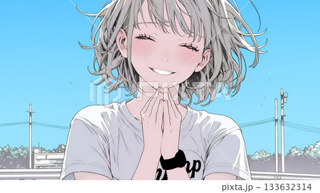 にっこり笑って手を合わせて「お願い」と甘える若い女性