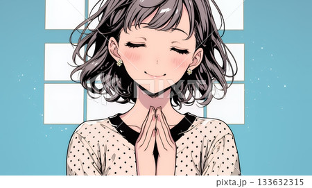 にっこり笑って手を合わせて「お願い」と甘える若い女性