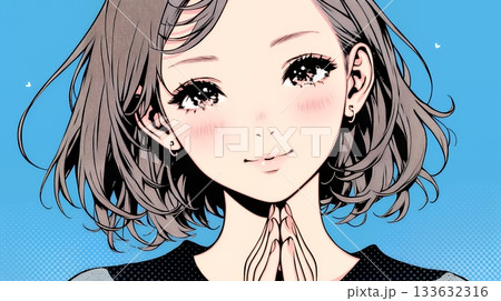 にっこり笑って手を合わせて「お願い」と甘える若い女性