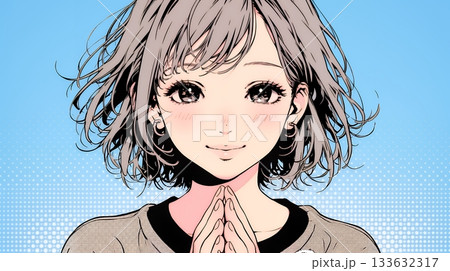 にっこり笑って手を合わせて「お願い」と甘える若い女性