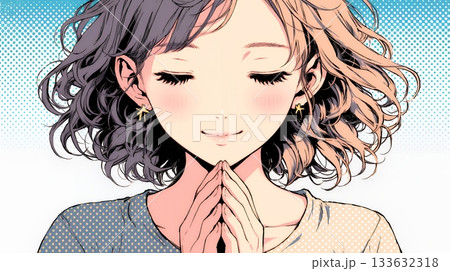 にっこり笑って手を合わせて「お願い」と甘える若い女性 133632318