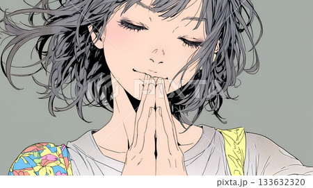 にっこり笑って手を合わせて「お願い」と甘える若い女性