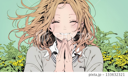 にっこり笑って手を合わせて「お願い」と甘える若い女性