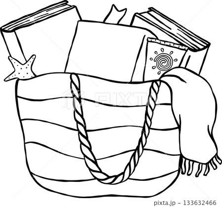 Summer Reading Bookish Outline Beach Bag with Books  Cartoon Hand Drawn 133632466