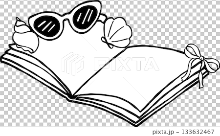 Summer Reading Bookish Outline Open Book with Sunglasses and Seashell Cartoon Hand Drawn Summer Reading Bookish Outline Open Book with Sunglasses and Seashell Cartoon Hand Drawn 133632467