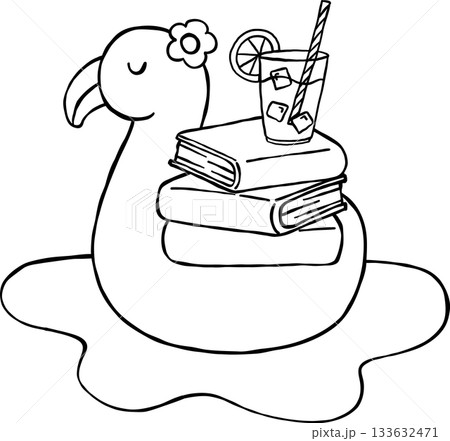Summer Reading Bookish Outine Books Stack on Flamingo Floating Cartoon Hand Drawn Summer Reading Bookish Outine Books Stack on Flamingo Floating Cartoon Hand Drawn 133632471
