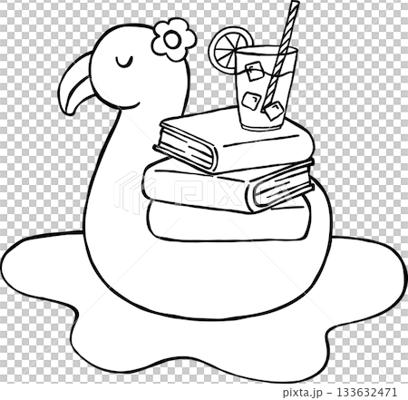 Summer Reading Bookish Outine Books Stack on Flamingo Floating Cartoon Hand Drawn Summer Reading Bookish Outine Books Stack on Flamingo Floating Cartoon Hand Drawn 133632471