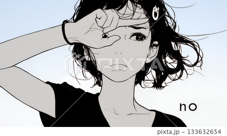 額に手を当てて「困ったな」ポーズをしている若い女性（シンプルな色使い）