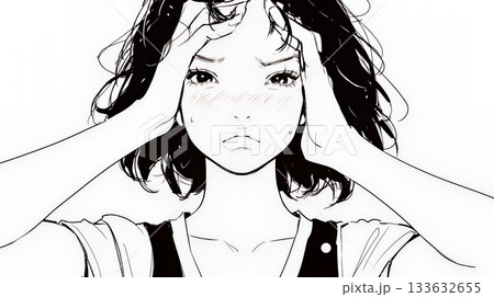 額に手を当てて「困ったな」ポーズをしている若い女性（シンプルな色使い）