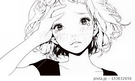 額に手を当てて「困ったな」ポーズをしている若い女性（シンプルな色使い）