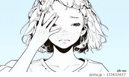 額に手を当てて「困ったな」ポーズをしている若い女性（シンプルな色使い）