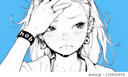 額に手を当てて「困ったな」ポーズをしている若い女性（シンプルな色使い）