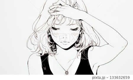 額に手を当てて「困ったな」ポーズをしている若い女性（シンプルな色使い）