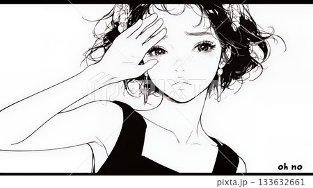 額に手を当てて「困ったな」ポーズをしている若い女性（シンプルな色使い）