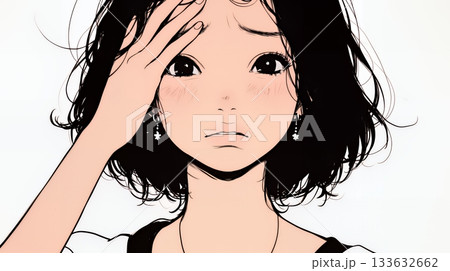 額に手を当てて「困ったな」ポーズをしている若い女性（シンプルな色使い）