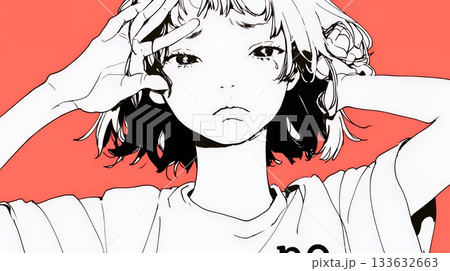 額に手を当てて「困ったな」ポーズをしている若い女性（シンプルな色使い）